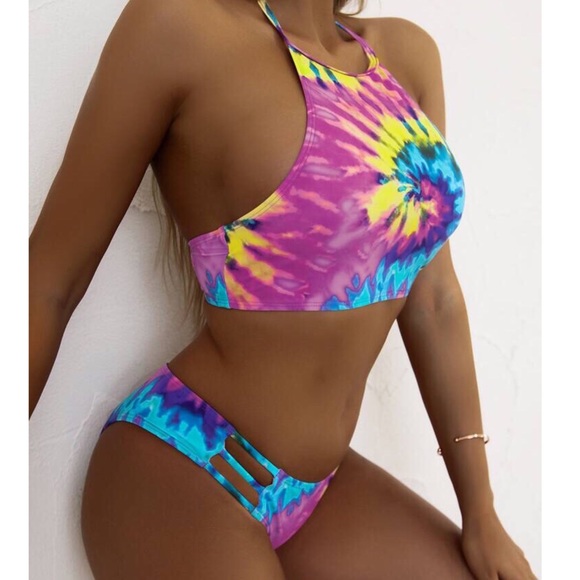 Pink Tie Dye Halter Bikini NWT - L - Picture 3 of 7